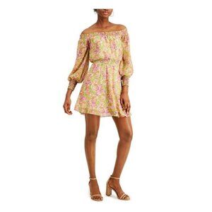 Boutique Leyden Pink & Green Off the Shoulder Long Sleeve Mini Dress M